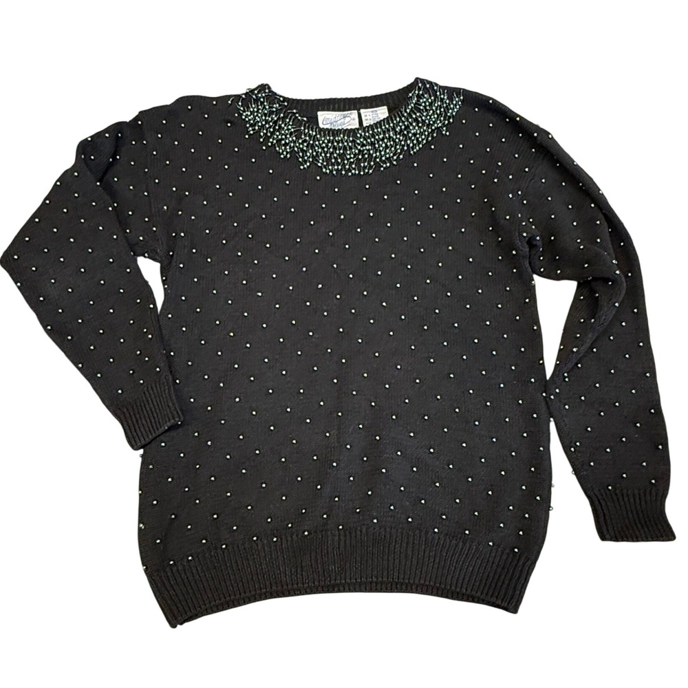 Vintage Midnight Blues Beaded Sweater Embellished Knit Top Party‎ Sparkle M/M